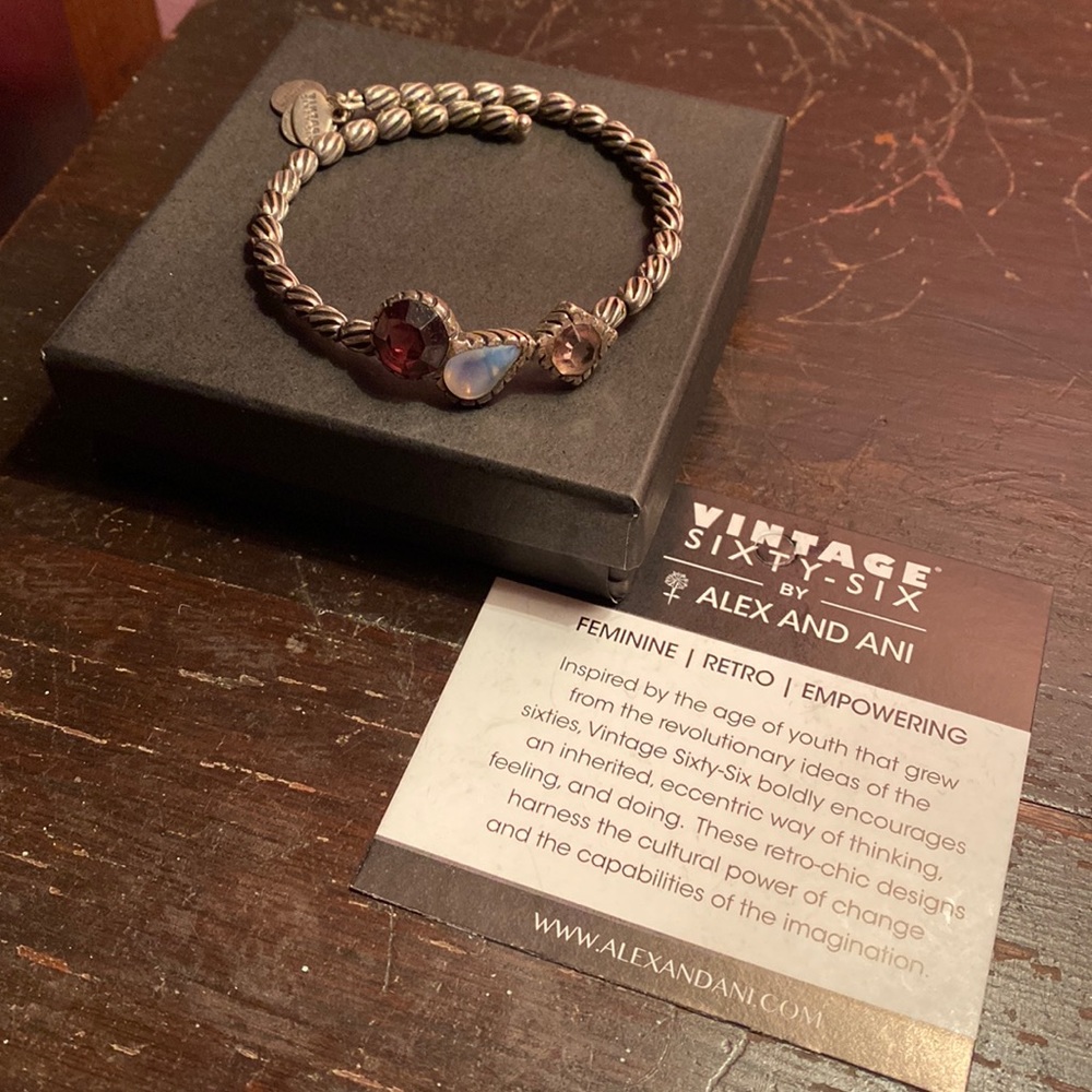 Alex and Ani Silver Bangle with Purple Gemstones
